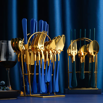 Gold Dinnerware Set | Luxury Stainless Steel Cutlery with Storage Rack