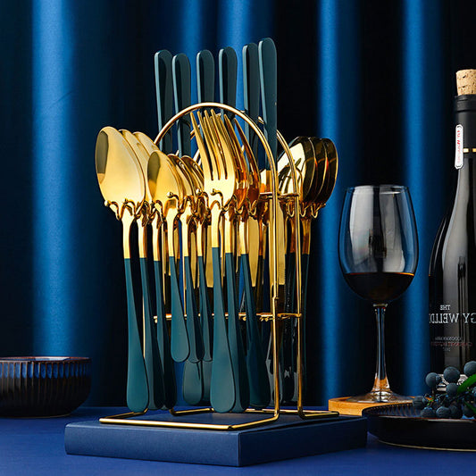 Gold Dinnerware Set | Luxury Stainless Steel Cutlery with Storage Rack