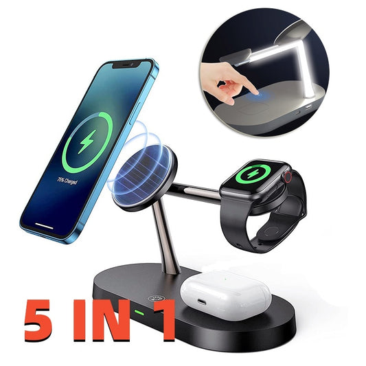 Multifunctional 5-in-1 Magnetic Wireless Charging Station | 15W Fast Charger for Phone, Watch & Earbuds
